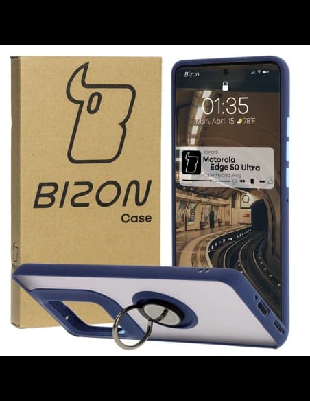 Bizon Case Hybrid Ring Motorola Edge 50 Ultra rauchig mit einem navyblauen Rahmen