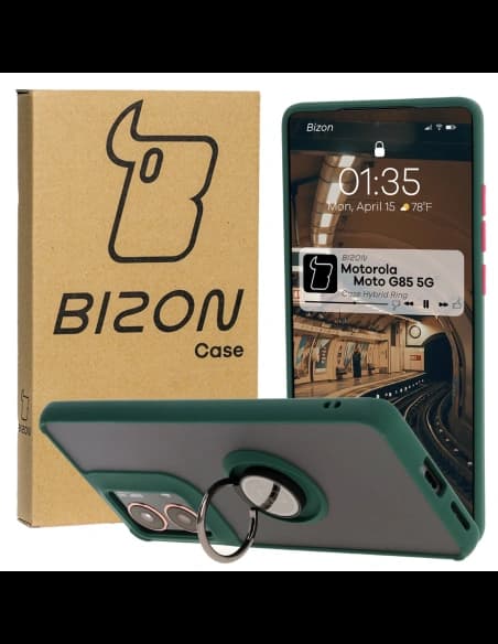 Bizon Case Hybrid Ring Motorola Moto G85 5G rauchig mit einem dunkelgrünen Rahmen