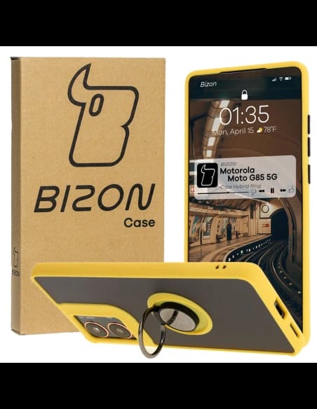 Bizon Case Hybrid Ring Motorola Moto G85 5G rauchig mit einem gelben Rahmen