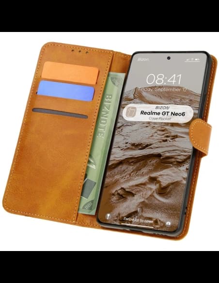 Etui s klopou Bizon Case Pocket pro Realme GT 6 / 6T / Neo 6 / Neo 6 SE hnědé