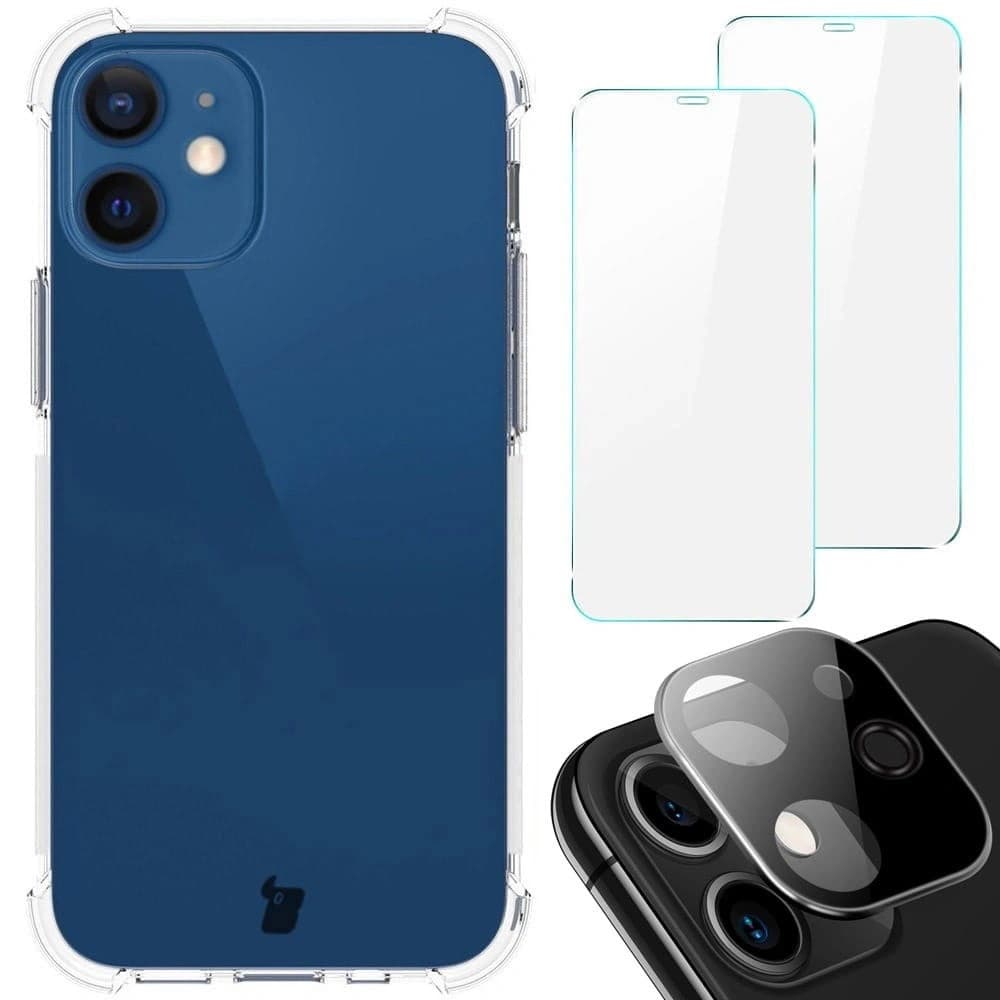 Bizon Case Clear Pack tok + 2x kijelző üveg + lencse üveg Apple iPhone 12 Mini átlátszó
