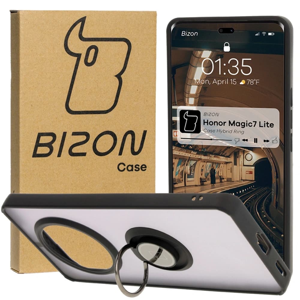 Pouzdro s úchytem na prst Bizon Case Hybrid Ring pro Honor Magic7 Lite kouřové s černým rámečkem