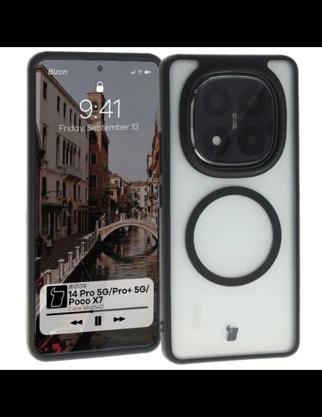 Etui s magnetickým kroužkem Bizon Case MatteO pro Xiaomi Redmi Note 14 Pro 5G / 14 Pro Plus 5G / Poco X7 poloprůhledné s černým rámem