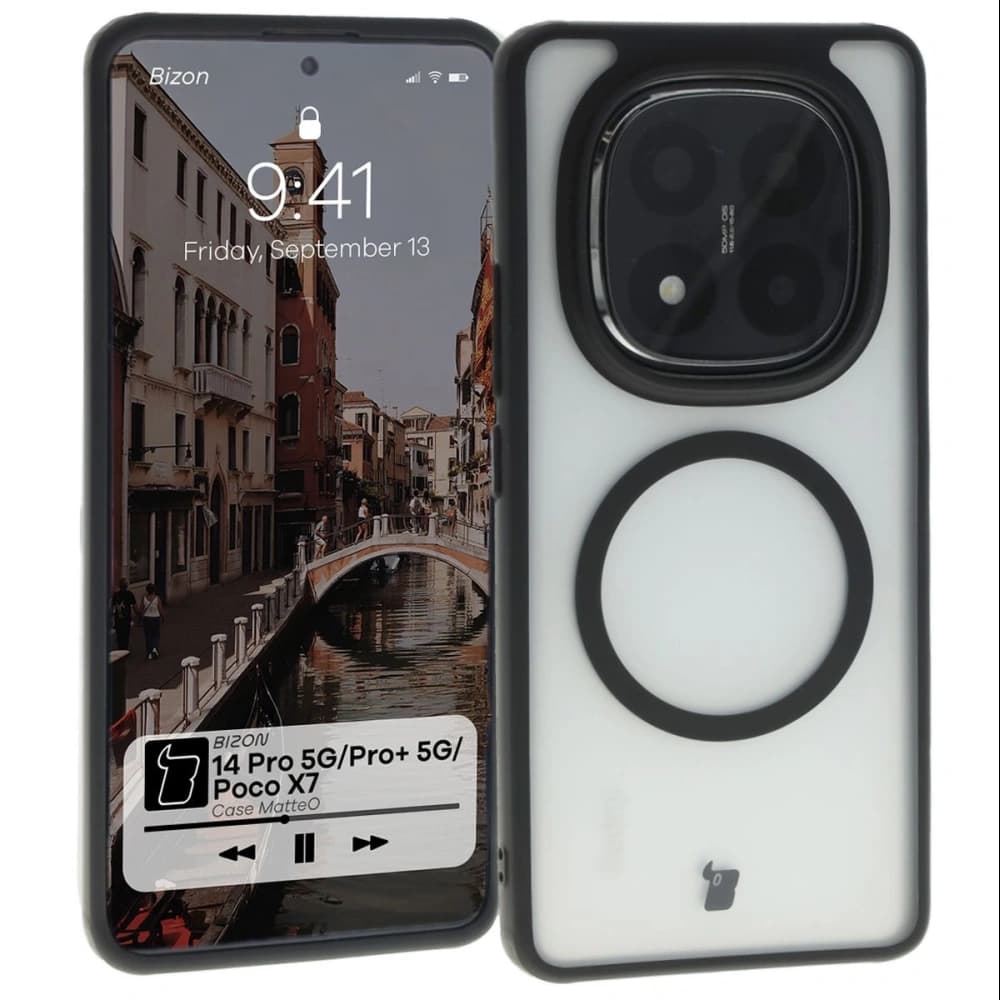 Etui s magnetickým kroužkem Bizon Case MatteO pro Xiaomi Redmi Note 14 Pro 5G / 14 Pro Plus 5G / Poco X7 poloprůhledné s černým rámem