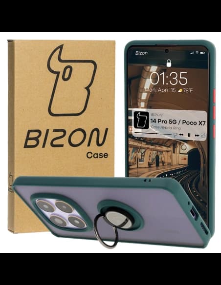 Etui s držákem na prst Bizon Case Hybrid Ring do Xiaomi Redmi Note 14 Pro 5G / Poco X7 kouřové s tmavozeleným rámečkem