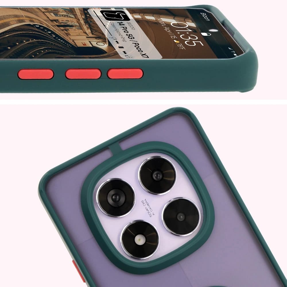 Etui s držákem na prst Bizon Case Hybrid Ring do Xiaomi Redmi Note 14 Pro 5G / Poco X7 kouřové s tmavozeleným rámečkem - 3