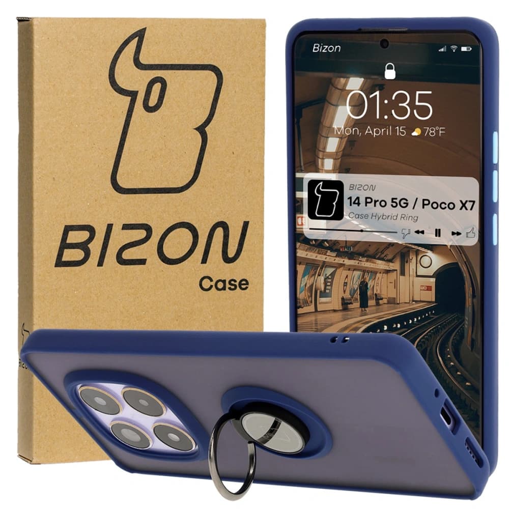 Etui s úchopem na prst Bizon Case Hybrid Ring do Xiaomi Redmi Note 14 Pro 5G / Poco X7 kouřové s modrým rámečkem