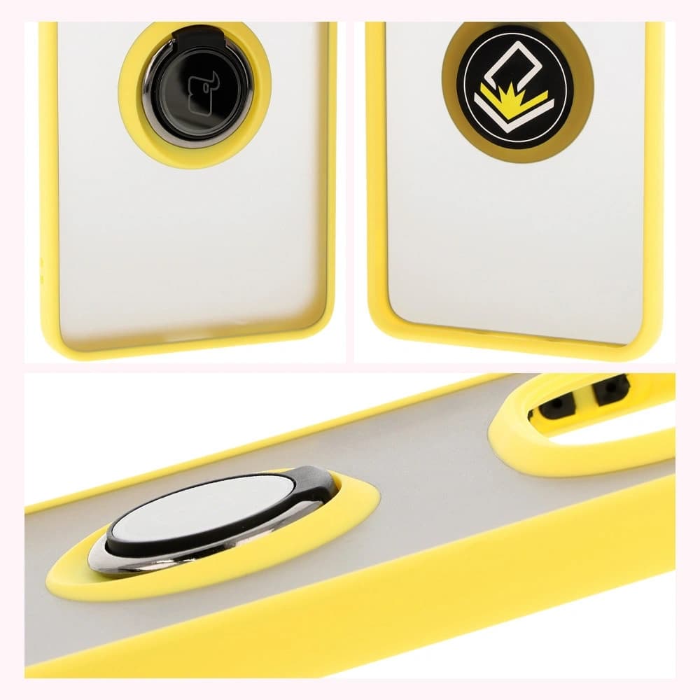 Etui s úchytem na prst Bizon Case Hybrid Ring do Xiaomi Redmi Note 14 Pro 5G / Poco X7 kouřové se žlutým rámem - 4