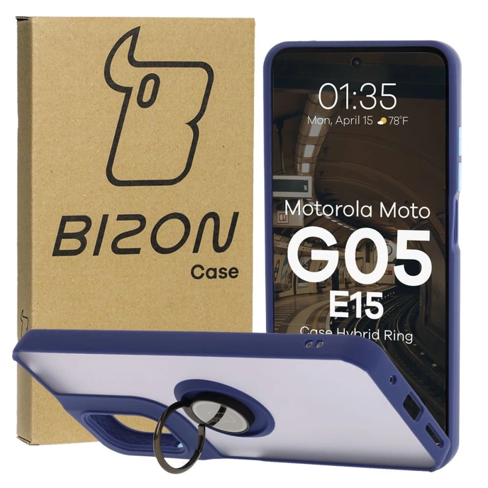 Bizon Case Hybrid Ring Motorola Moto G05 / E15 fumuriu cu un cadru de culoare albastră închisă