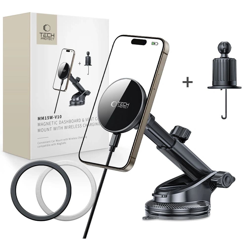 Auto-Halterung für das Armaturenbrett / für den Lüftungsschlitz mit kabellosem Ladegerät Tech-Protect MM15W-V10 Magnetic MagSafe Armaturenbrett- und Lüftungshalter kabelloses Ladegerät 15W Schwarz