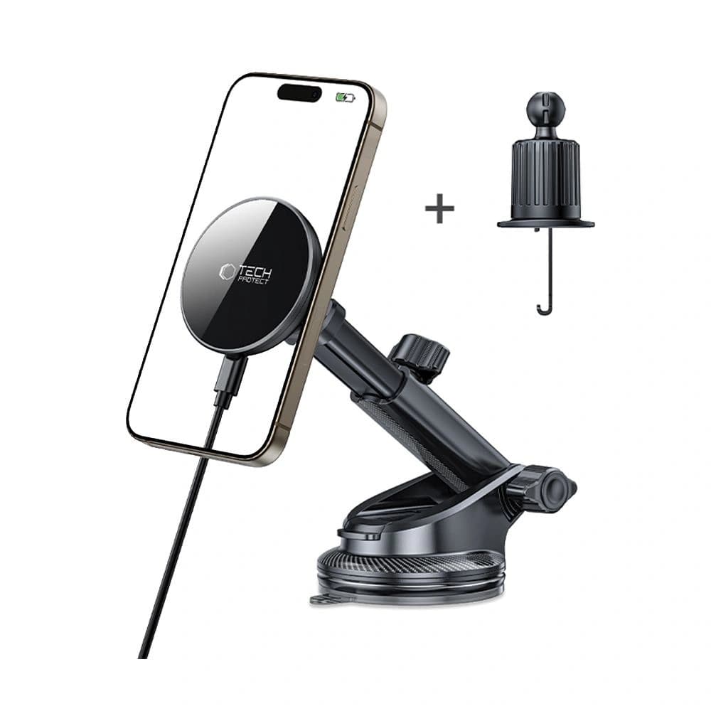 Auto-Halterung für das Armaturenbrett / für den Lüftungsschlitz mit kabellosem Ladegerät Tech-Protect MM15W-V10 Magnetic MagSafe Armaturenbrett- und Lüftungshalter kabelloses Ladegerät 15W Schwarz - 2