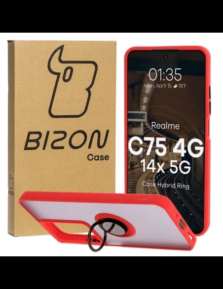 Etui z uchwytem na palec Bizon Case Hybrid Ring do Realme C75 4G / 14x 5G, przydymione z czerwoną ramką