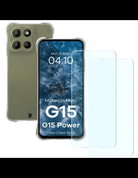 Bizon Case Clear Pack pouzdro + 2x tvrzené sklo Motorola Moto G15 / G15 Power