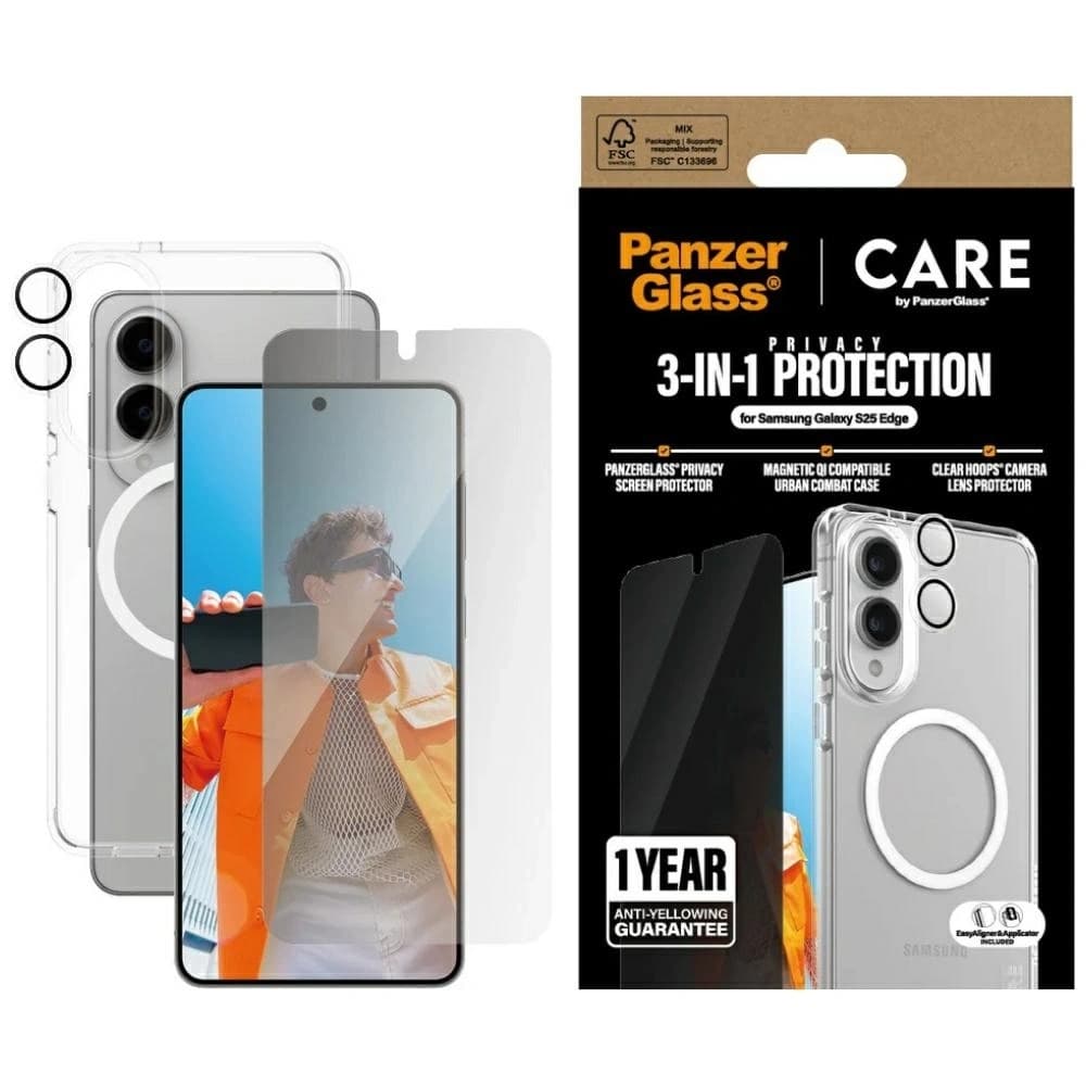 Védőszett 3 az 1-ben tok + privát üveg a kijelzőhöz + üveg a kamerához CARE by PanzerGlass Flagship Samsung Galaxy S25 Edge-hez
