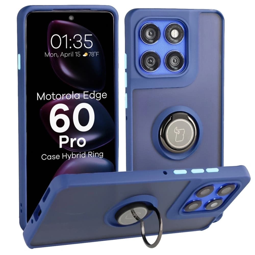 Inel hibrid Bizon Case pentru Motorola Edge 60 Pro, fumuriu, cu ramă albastru închis
