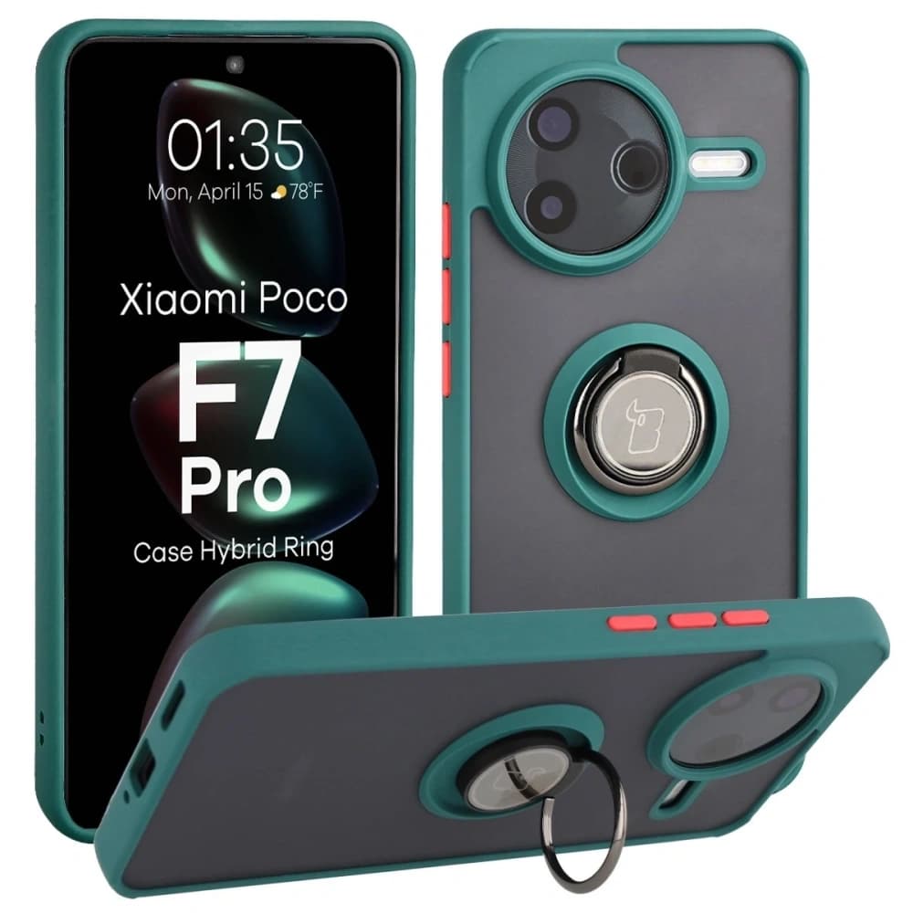 Bizon Case Hybrid Gyűrű Xiaomi POCO F7 Pro füstös sötétzöld kerettel - 1