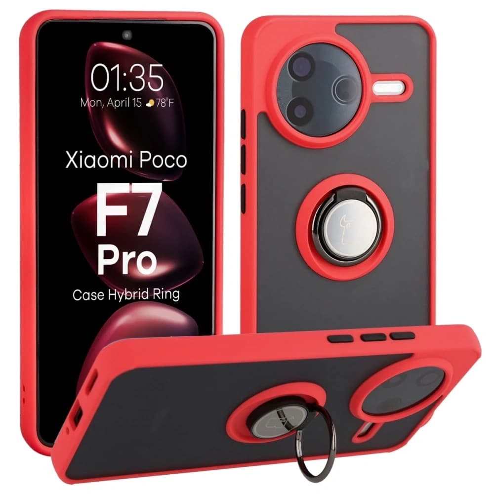 Bizon Case Hybrid Gyűrű Xiaomi POCO F7 Pro füstös piros kerettel - 1