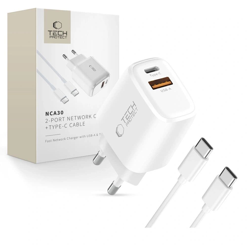 Tech-Protect NCA30 USB-A, USB-C Netzladegerät PD 30W / QC3.0 + USB-C Kabel Weiß - 1