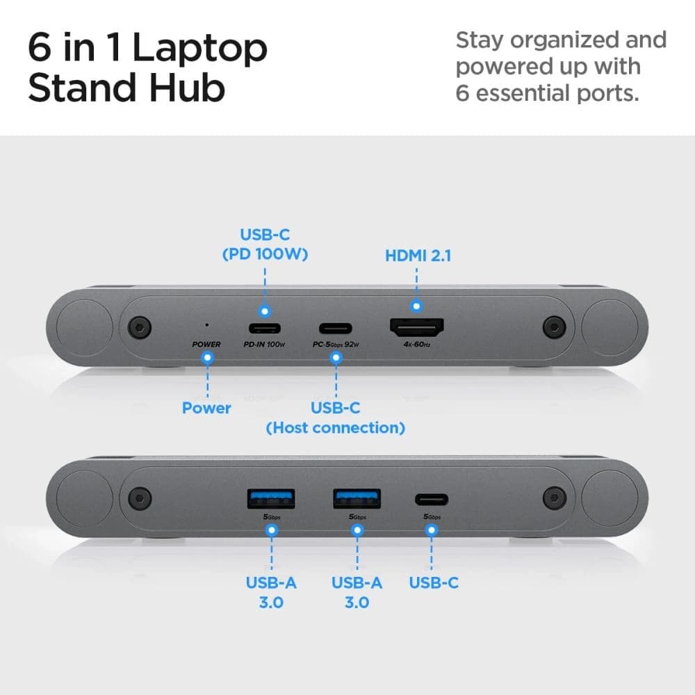 Suport pentru laptop Spigen LD204H Hub USB-C 6w1: încărcare 100W, HDMI 4K, 2x USB-A, transfer 5Gb/s, gri spațial - 4