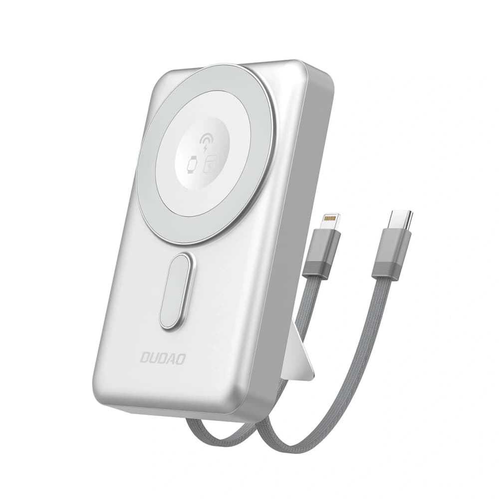 Powerbank wireless Dudao K29 10000mAh PD 20W MagSafe cu carcasă metalică, suport și cabluri USB-C, Lightning integrate argintiu