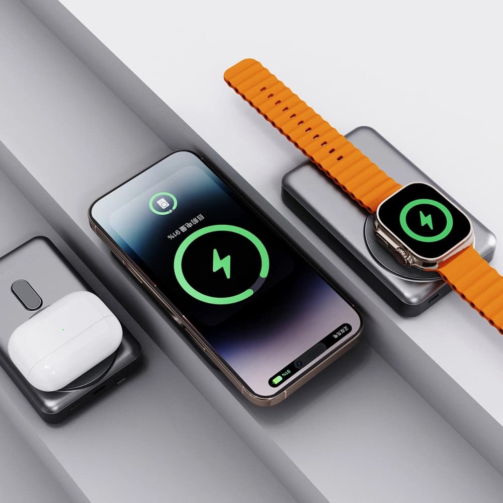 Powerbank wireless Dudao K29 10000mAh PD 20W MagSafe cu carcasă metalică, suport și cabluri USB-C, Lightning integrate argintiu - 2