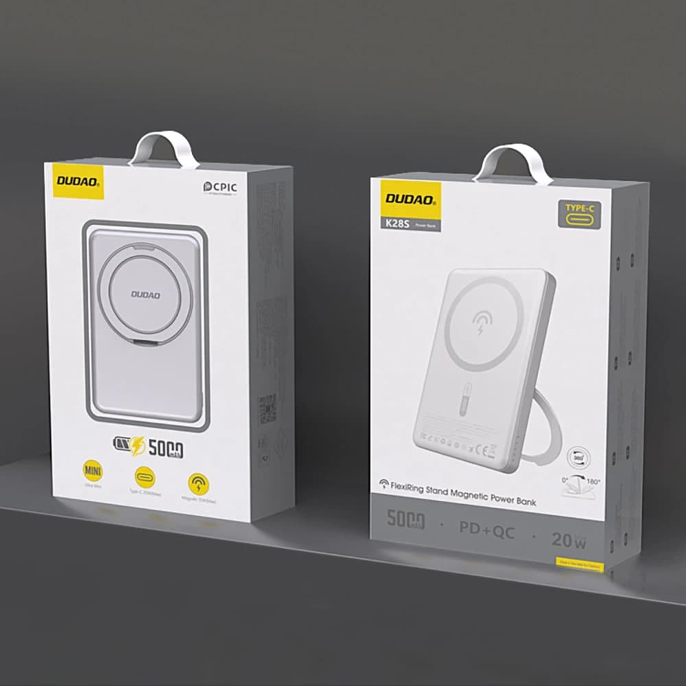 Dudao K28 10000mAh PD 22.5W MagSafe vezeték nélküli powerbank fém házzal és ezüst színű gyűrűs állvánnyal - 2