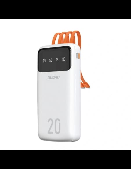 DUDAO K6 Pro+ Power Bank de 20000mAh cu 3 cabluri integrate USB-C, micro USB, Lightning alb
