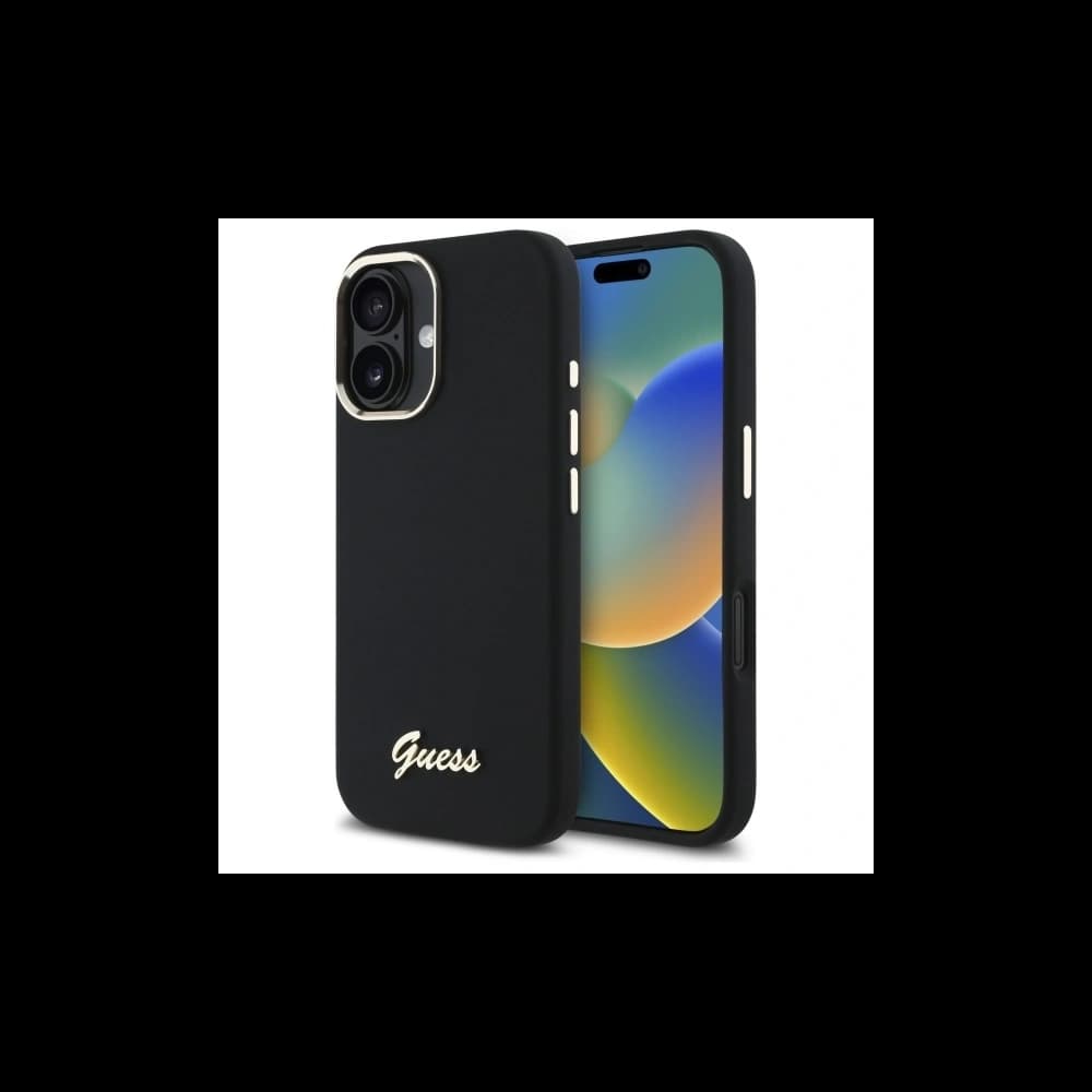 Vermutung Apple iPhone 16 Hartschale Silikon Schrift Metall-Logo & Rahmen schwarz