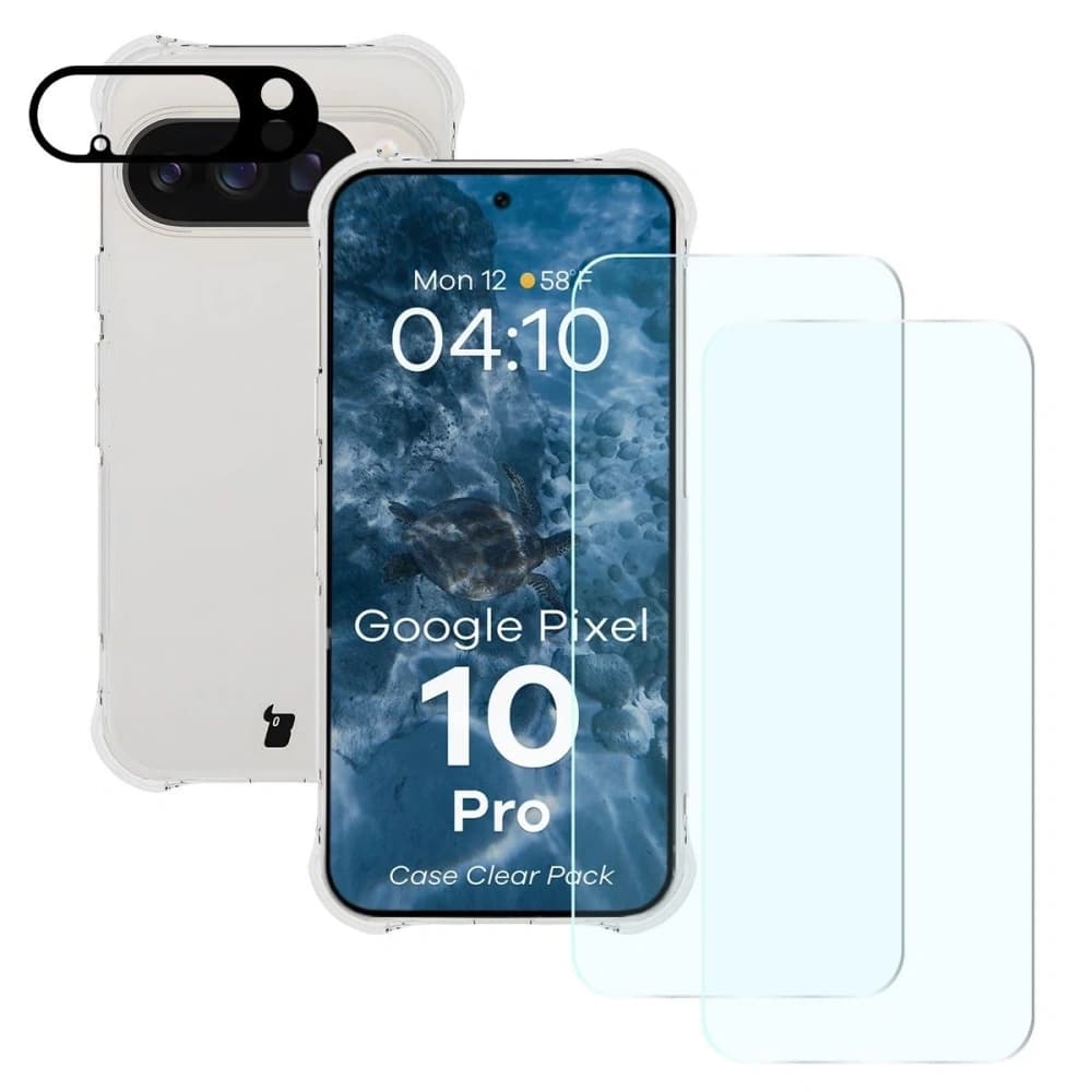 Bizon Case Clear Pack carcasă + 2x sticlă securizată + sticlă pentru lentile Google Pixel 10 Pro