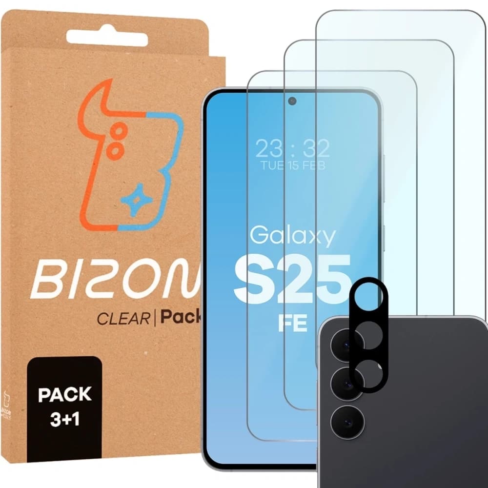 Pachet Bizon Glass Clear 3x sticlă temperată + protecție pentru lentila camerei Samsung Galaxy S25 FE