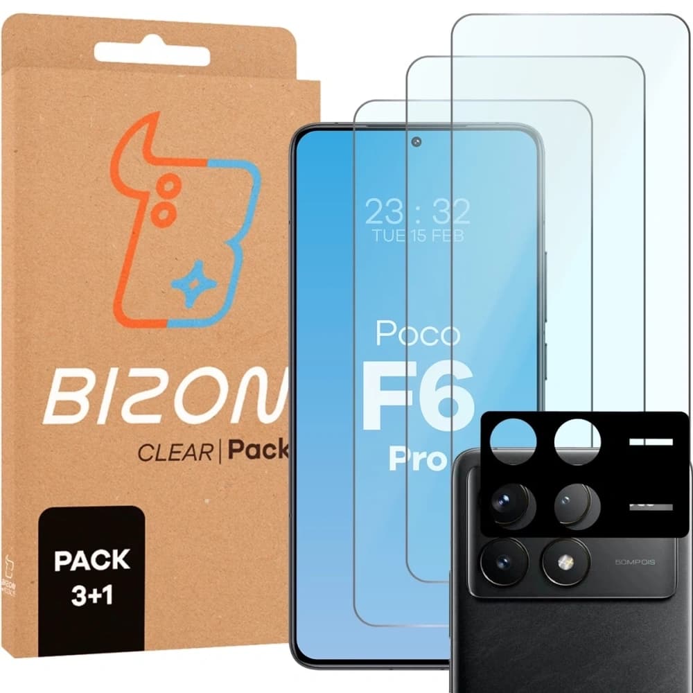 Bizon Glass Clear Pack 3x tvrzené sklo + ochranný kryt na kameru Xiaomi POCO F6 Pro