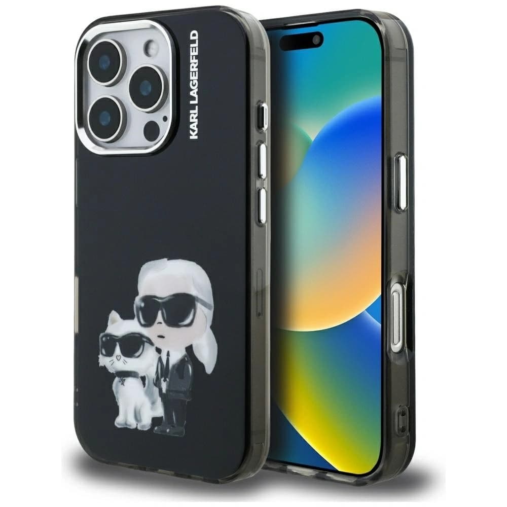 Karl Lagerfeld IML Aquarelle Karl & Choupette & Logo Apple iPhone 16 Pro schwarz