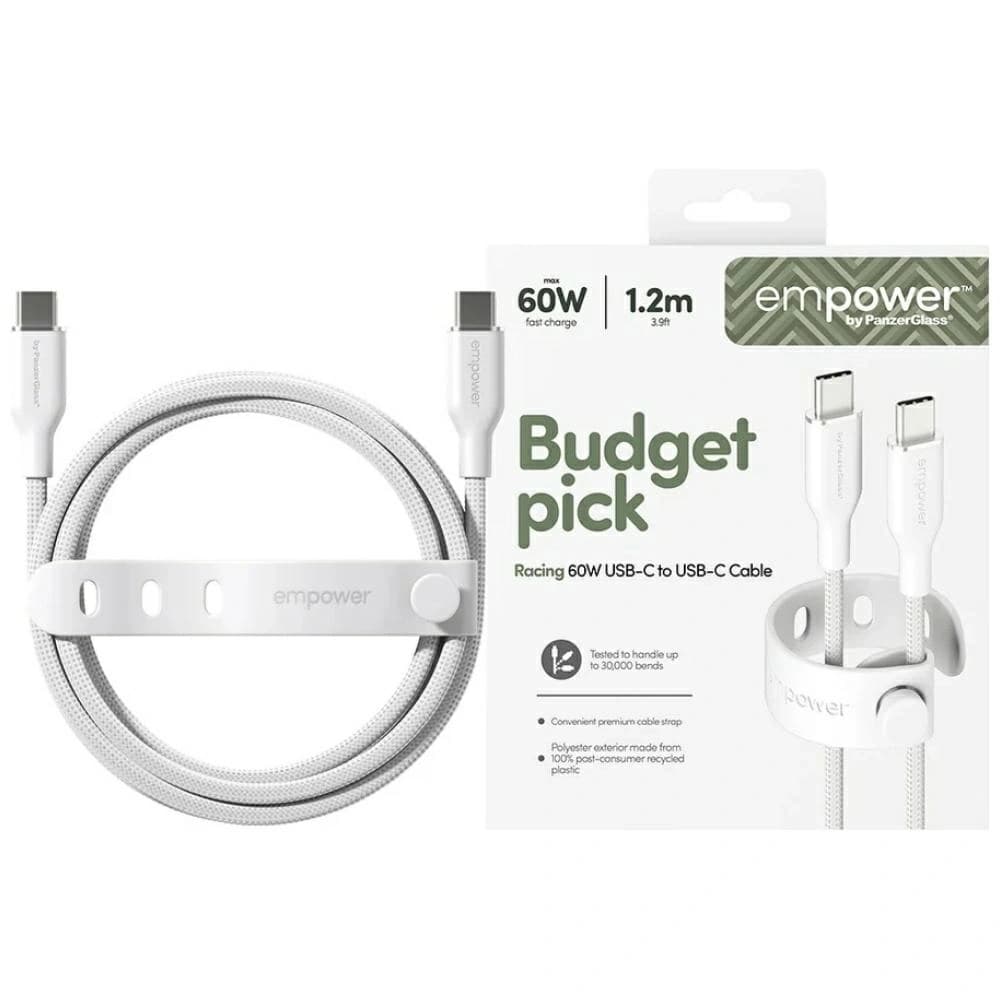 Cablu de la PanzerGlass Racing Empower 60W USB-C / USB-C 1.2m argintiu-alb