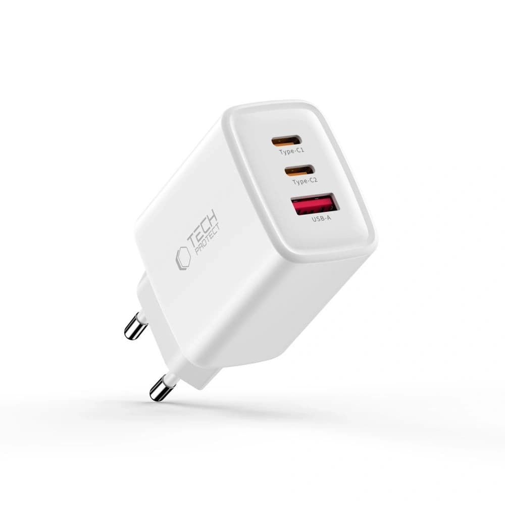 Ładowarka sieciowa Tech-Protect NCA65W-GAN USB-A, 2xUSB-C Network Charger PD 65W / QC3.0 White - 2