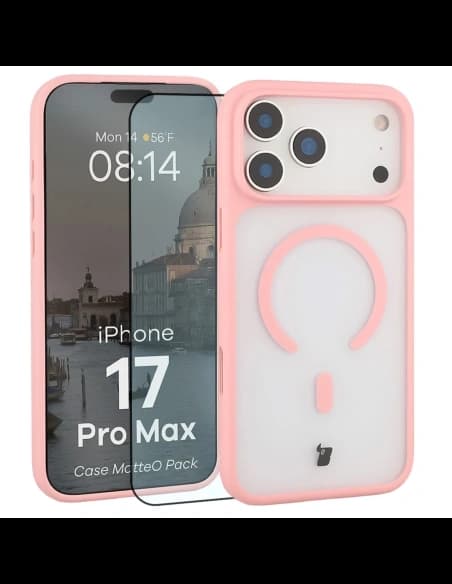 Etui z pierścieniem magnetycznym + szkło hartowane Bizon MatteO Pack do Apple iPhone 17 Pro Max przydymione-jasnoróżowe