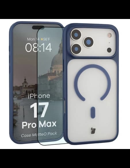 Etui z pierścieniem magnetycznym + szkło hartowane Bizon MatteO Pack do Apple iPhone 17 Pro Max przydymione-granatowe