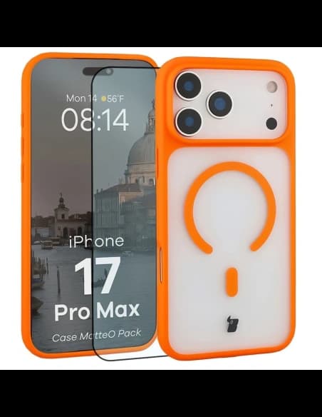 Etui z pierścieniem magnetycznym + szkło hartowane Bizon MatteO Pack do Apple iPhone 17 Pro Max przydymione-pomarańczowe