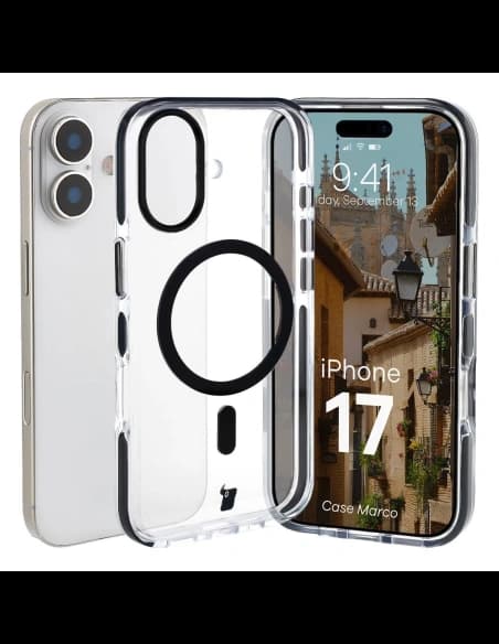 Etui z pierścieniem magnetycznym Bizon Case Marco do Apple iPhone 17 przezroczyste z czarną ramką