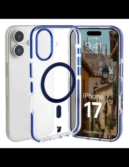 Etui z pierścieniem magnetycznym Bizon Case Marco do Apple iPhone 17 przezroczyste z niebieską ramką
