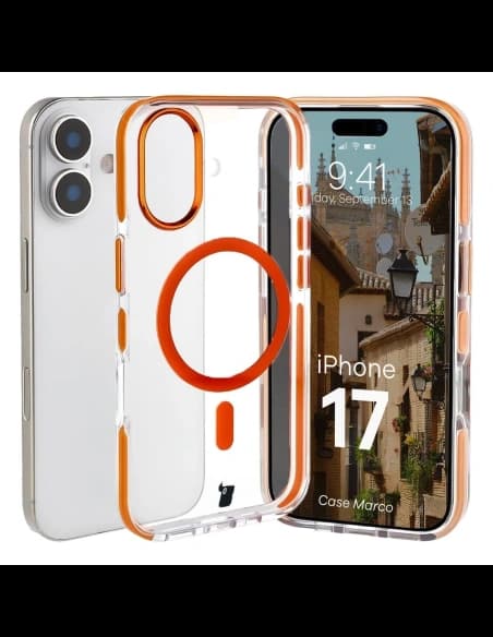 Etui z pierścieniem magnetycznym Bizon Case Marco do Apple iPhone 17 przezroczyste z pomarańczową ramką