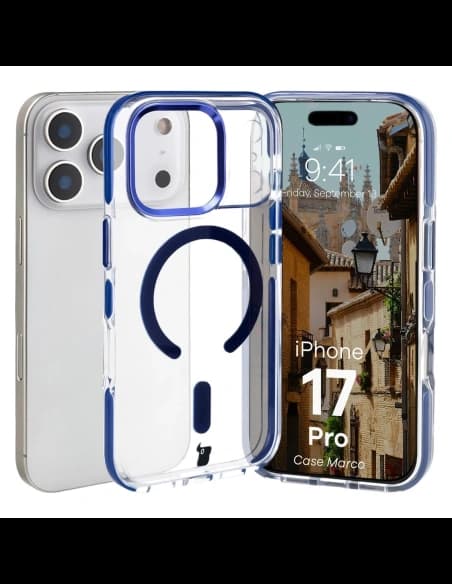 Etui z pierścieniem magnetycznym Bizon Case Marco do Apple iPhone 17 Pro przezroczyste z niebieską ramką