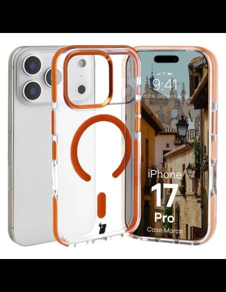 Etui z pierścieniem magnetycznym Bizon Case Marco do Apple iPhone 17 Pro przezroczyste z pomarańczową ramką