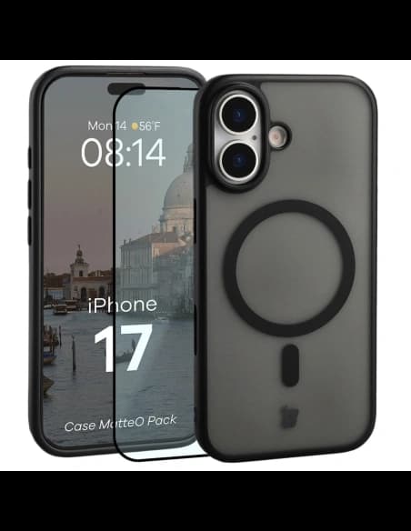 Etui z pierścieniem magnetycznym + szkło hartowane Bizon MatteO Pack do Apple iPhone 17 przydymione-czarne