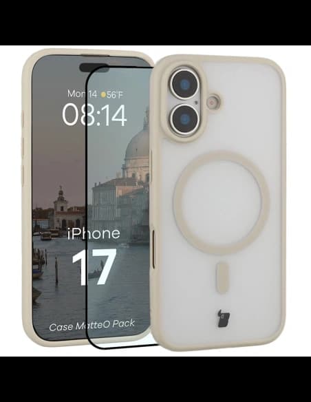 Etui z pierścieniem magnetycznym + szkło hartowane Bizon MatteO Pack do Apple iPhone 17 przydymione-beżowe
