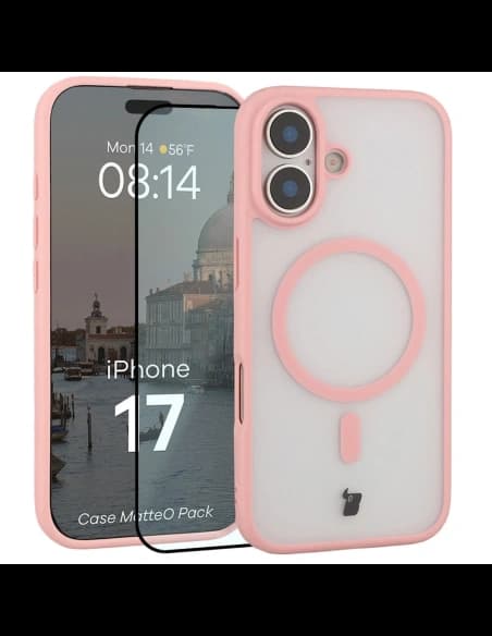 Etui z pierścieniem magnetycznym + szkło hartowane Bizon MatteO Pack do Apple iPhone 17 przydymione-jasnoróżowe