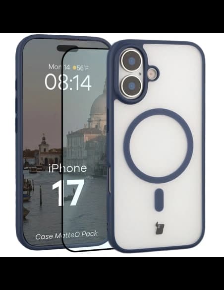 Etui z pierścieniem magnetycznym + szkło hartowane Bizon MatteO Pack do Apple iPhone 17 przydymione-granatowe