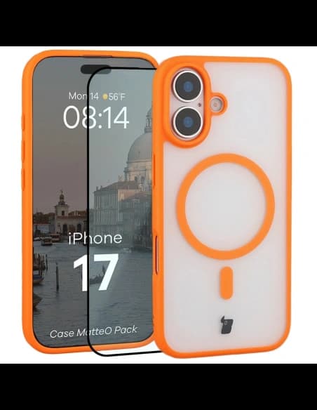 Etui z pierścieniem magnetycznym + szkło hartowane Bizon MatteO Pack do Apple iPhone 17 przydymione-pomarańczowe