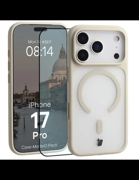 Etui z pierścieniem magnetycznym + szkło hartowane Bizon MatteO Pack do Apple iPhone 17 Pro przydymione-beżowe