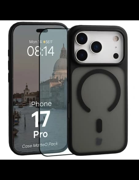 Etui z pierścieniem magnetycznym + szkło hartowane Bizon MatteO Pack do Apple iPhone 17 Pro przydymione-czarne