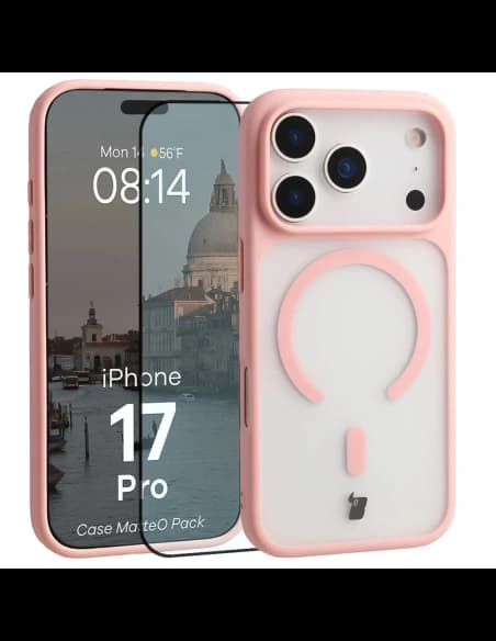Etui z pierścieniem magnetycznym + szkło hartowane Bizon MatteO Pack do Apple iPhone 17 Pro przydymione-jasnoróżowe